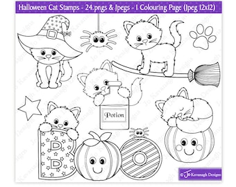 Op de afbeelding: Zwart-witte lijnkunst kleurplaat met verschillende Halloween-thema afbeeldingen, waaronder katten, een spin, een bezem, een flesje met toverdrank, een pompoen en het woord "BOO".