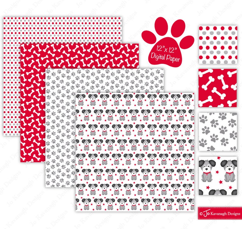 May include: Digital paper pack with 6 different patterns featuring dogs, bones, paw prints, and polka dots in red and gray. The paper is 12 inches by 12 inches. "12" x 12" Digital Paper" is written on the image.