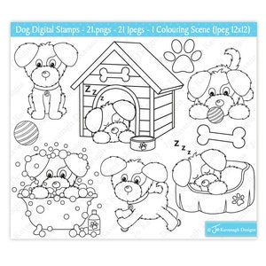 Sellos digitales de perros lindos, sellos de cachorros, sellos de mascotas, clipart de perros, gráficos de cachorros, sellos digitales, coloración de perros, uso comercial (S34)