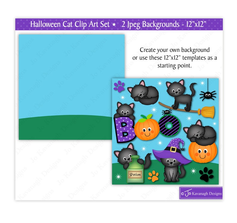 May include: A digital clip art set featuring black cats with Halloween themes. The set includes a blue background with stars and a green grass border. The cats are arranged around the word "BOO" with pumpkins and a witch's hat. The text "Potion" is on a bottle. The text "Jo Kavanagh Designs" is in the bottom right corner.