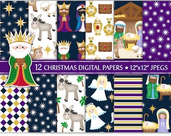 Nativity Digital Papers,Christmas Nativity,Nativity scene,Christmas digital papers,Mary,Joseph,Baby Jesus, 3 Kings,Commercial Use (P33)