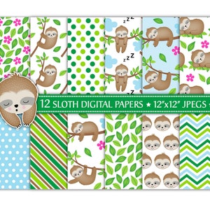 Sloth Digital Papers, Cute Sloth Papers, Sloth Paper Pack, Sloth Scrapbook Papers, Sleepy Sloths, Sloth Patterns, Commercial Use(P30)