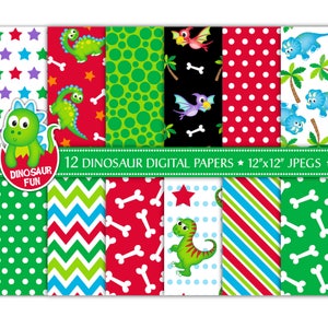 Papéis digitais de dinossauros, papéis de dinossauros fofos, padrões de dinossauros, papéis de scrapbook de dinossauros, T-rex, Pterodáctilo, Triceratops, Uso comercial (P7)