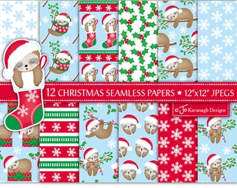 Christmas Sloth Digital Papers, Christmas Digital Papers, Cute Sloth Papers, Christmas Paper Pack, Scrapbook Papers, Commercial Use(P43)