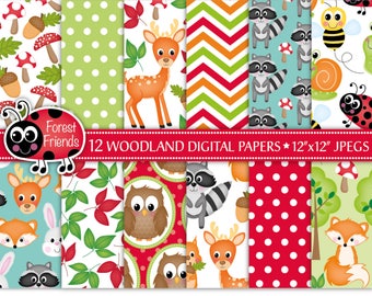 Woodland Animals Digital Paper,Forest Animals Paper,Woodland Clipart,Animal Scrapbook Papers,Owl Paper,Commercial Use (P27)