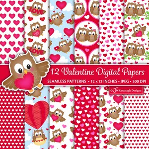 Papier numérique pour la Saint-Valentin, papier de scrapbooking pour la Saint-Valentin, hiboux de la Saint-Valentin, motif coeurs, papier coeurs, hiboux mignons, P63