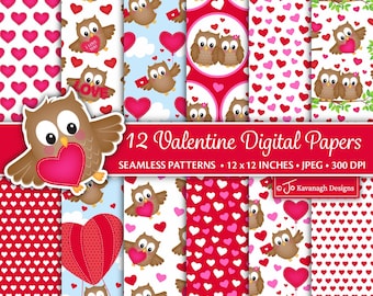 Valentinstag digitales Papier, Valentinstag Papier, Valentine Eulen, Herzen muster, Herzen Papier, Niedliche Eulen, P63