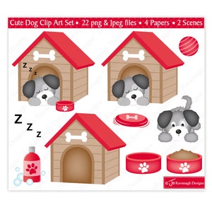 May include: Clip art set featuring a cute cartoon dog in various poses, including sleeping in a red and brown doghouse, playing with a red ball, and eating from a brown bowl. The set includes 22 PNG and JPEG files, 4 papers, and 2 scenes.