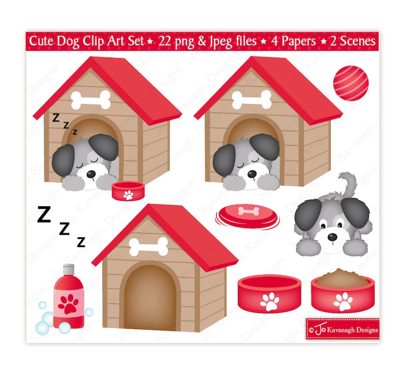 May include: Clip art set featuring a cute cartoon dog in various poses, including sleeping in a red and brown doghouse, playing with a red ball, and eating from a brown bowl. The set includes 22 PNG and JPEG files, 4 papers, and 2 scenes.