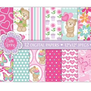 Papéis digitais de urso, papel digital para o dia das mães, ursos fofos, papel de aniversário, papel de flores, papel de borboleta, coração, papel de scrapbook, comercial (P19)