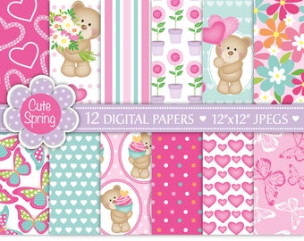 Bear Digital papers,Mother's Day Digital Paper,Cute Bears,Birthday Paper,Flower Paper,Butterfly Paper,Heart,Scrapbook Paper,Commercial (P19)