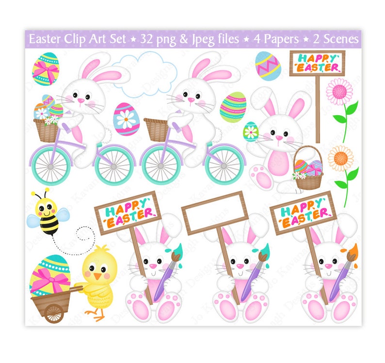May include: A set of 32 Easter clip art images featuring bunnies, chicks, eggs, flowers, and signs that say "Happy Easter".
