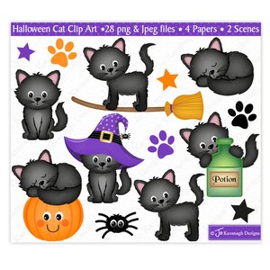May include: Clip art set of black cats in various Halloween poses. The set includes a cat on a broomstick, a cat wearing a witch hat, a cat with a potion bottle, a cat sleeping on a pumpkin, and a cat sleeping on a star. The set also includes a spider, paw prints, and stars.