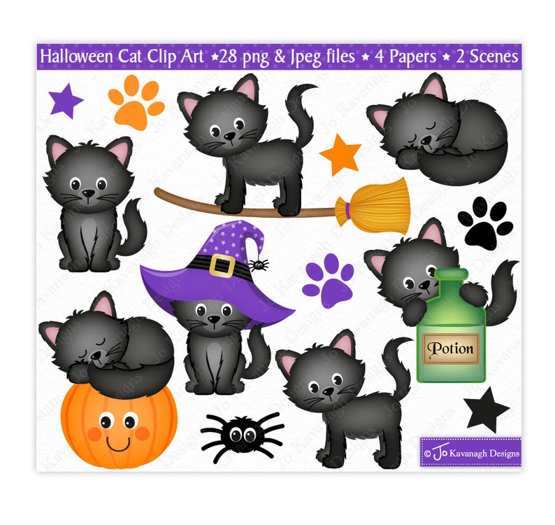May include: Clip art set of black cats in various Halloween poses. The set includes a cat on a broomstick, a cat wearing a witch hat, a cat with a potion bottle, a cat sleeping on a pumpkin, and a cat sleeping on a star. The set also includes a spider, paw prints, and stars.