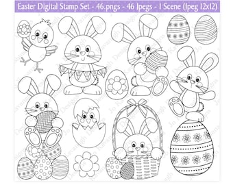 Easter Digital Stamps,Easter Stamps,Easter Clipart,Easter Colouring,Easter Bunny Clipart,Easter Eggs Clipart,Easter Chicks,Commercial (S10)