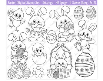 Könnte beinhalten: Schwarzweißes digitales Stempelset mit Osterhasen, Küken und Eiern. Das Set enthält 46 einzelne Stempel und eine Szene mit 12x12 Bildern.