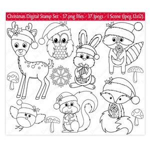 Sellos digitales navideños, sellos de bosques navideños, imágenes prediseñadas navideñas, sellos navideños, zorros navideños, mapaches, renos, comerciales (S29)