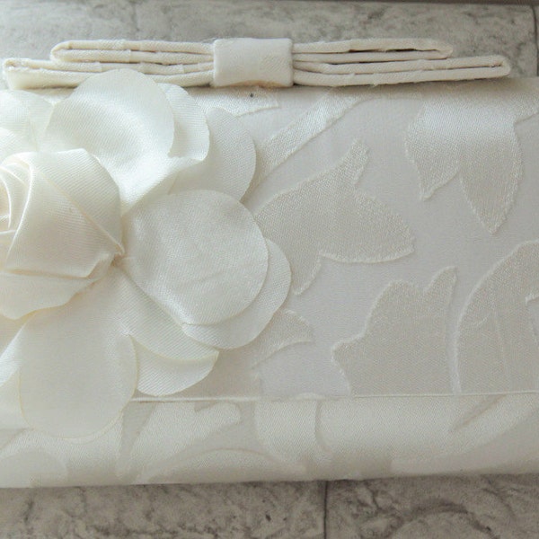 Wedding Party Clutch, Hard Body Purse, White Fabric Purse With White Flower Applique