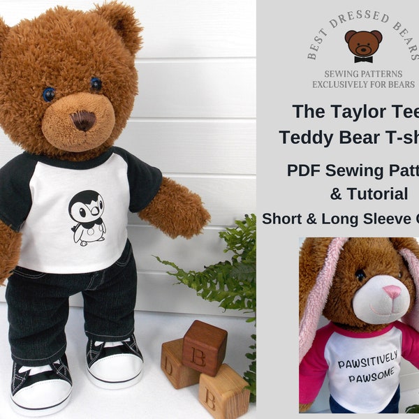 TEDDY BEAR T-SHIRT Pdf Pattern Fits Build A Bear & other 15-18 inch teddy bears. Teddy Bear Clothes Sewing Pattern +Tutorial