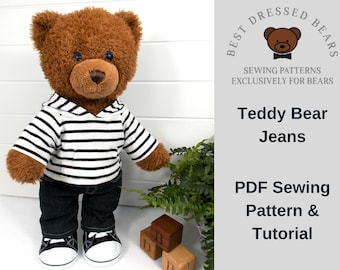 TEDDY BEAR JEANS Pdf Pattern -  Fits 15-18 inch teddy bears such as Build a Bear. Teddy bear clothes sewing pattern + tutorial