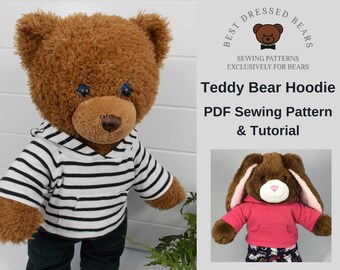 TEDDY BEAR HOODIE Pdf Pattern. Fits 15-18 inch teddy bears such as Build a Bear. Teddy Bear Clothes Sewing Pattern + Tutorial