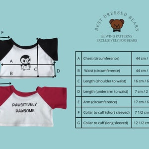 May include: A sewing pattern for a t-shirt for a stuffed bear. The pattern includes measurements in inches and centimeters for the chest, waist, length, arm, and collar. The pattern is for a short-sleeved and long-sleeved t-shirt.