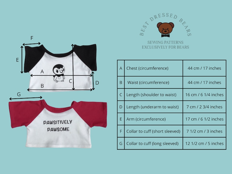 May include: A sewing pattern for a t-shirt for a stuffed bear. The pattern includes measurements in inches and centimeters for the chest, waist, length, arm, and collar. The pattern is for a short-sleeved and long-sleeved t-shirt.