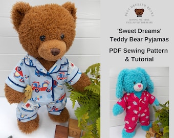 PYJAMAS / PAJAMAS PJs PDF Pattern for Teddy Bear. Fits 15-18 inch bears such as Build a Bear. Teddy Bear Clothes Sewing Pattern + Tutorial