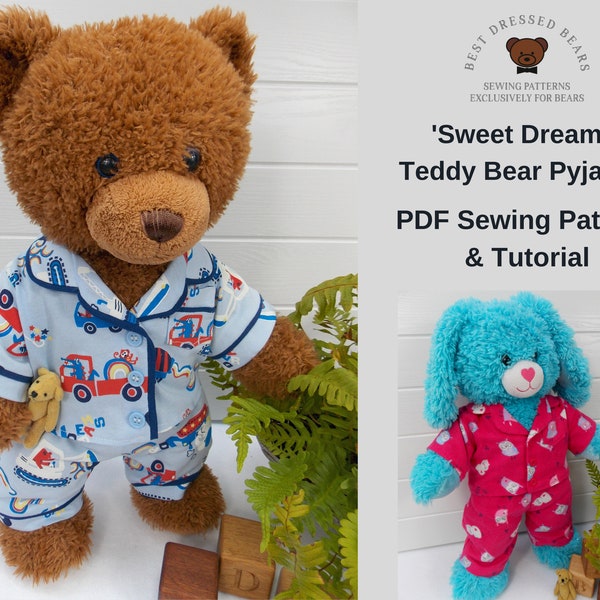 PYJAMAS / PAJAMAS PJs PDF Pattern for Teddy Bear. Fits 15-18 inch bears such as Build a Bear. Teddy Bear Clothes Sewing Pattern + Tutorial