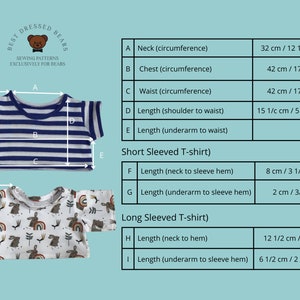 May include: A sewing pattern for a short-sleeved and long-sleeved t-shirt for a teddy bear. The pattern includes measurements in inches and centimeters. The pattern is for a striped t-shirt and a t-shirt with a bunny and rainbow print.