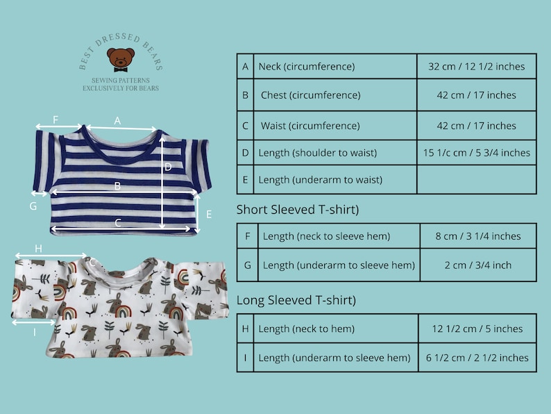 May include: A sewing pattern for a short-sleeved and long-sleeved t-shirt for a teddy bear. The pattern includes measurements in inches and centimeters. The pattern is for a striped t-shirt and a t-shirt with a bunny and rainbow print.