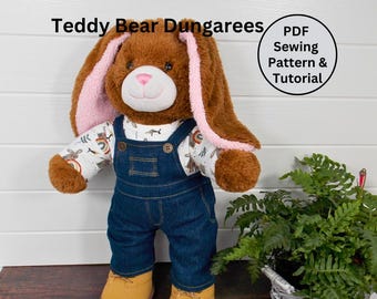 TEDDY BEAR DUNGAREES (Overalls) Pdf Pattern. Fits 15-18 inch teddy bears such as Build a Bear. Teddy bear clothes sewing pattern + tutorial