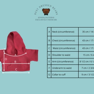 May include: A diagram showing measurements for a red hooded sweatshirt for a teddy bear. The measurements are labeled with letters A through G and include both inches and centimeters.