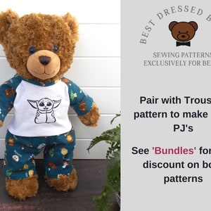 Build a bear teddy bear wearing a pyjama trousers made out of star wars fabric and a pyjama top with a white front and sleeves made out of star wars fabric
