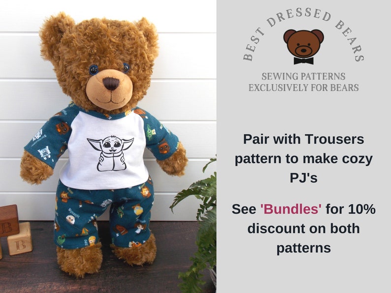 Build a bear teddy bear wearing a pyjama trousers made out of star wars fabric and a pyjama top with a white front and sleeves made out of star wars fabric