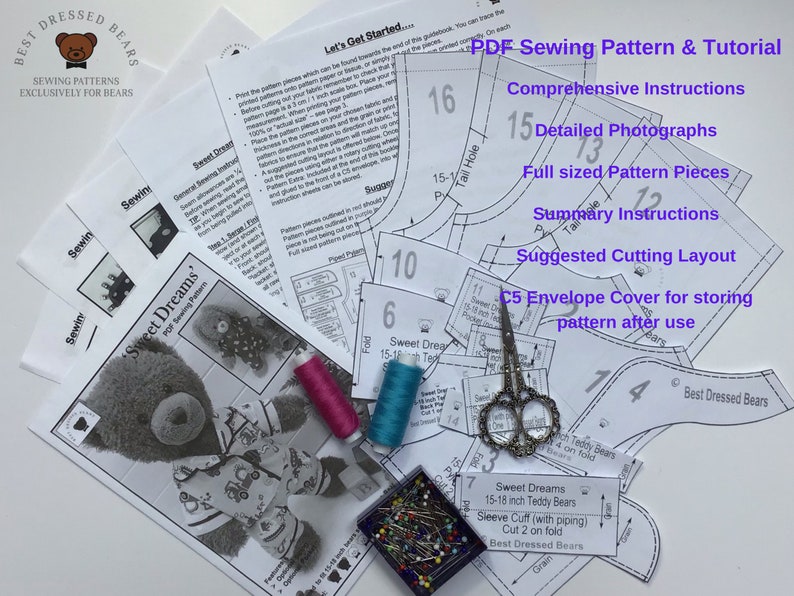 K&ouml;nnte beinhalten: Ein PDF-Schnittmuster und Tutorial f&uuml;r einen Teddyb&auml;ren namens "Sweet Dreams". Das Schnittmuster enth&auml;lt umfassende Anweisungen, detaillierte Fotos, Schnittmuster in Originalgr&ouml;&szlig;e, zusammenfassende Anweisungen, ein vorgeschlagenes Zuschneidelayout und einen C5-Umschlag zum Aufbewahren des Schnittmusters nach Gebrauch.