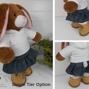 Build a bear teddy bear wearing denim skirt and hoodie made from teddy bear clothes sewing pattern