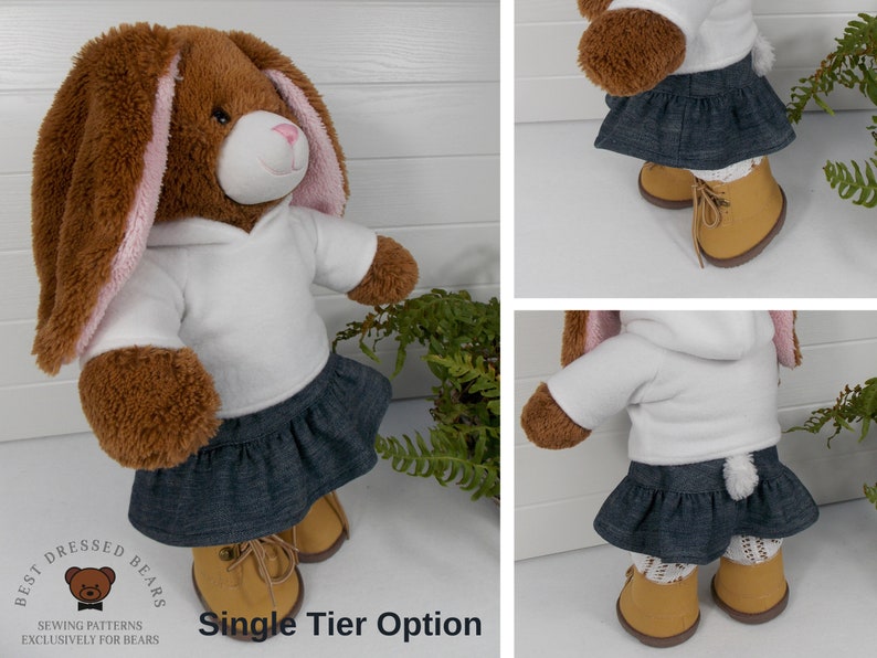 Build a bear teddy bear wearing denim skirt and hoodie made from teddy bear clothes sewing pattern