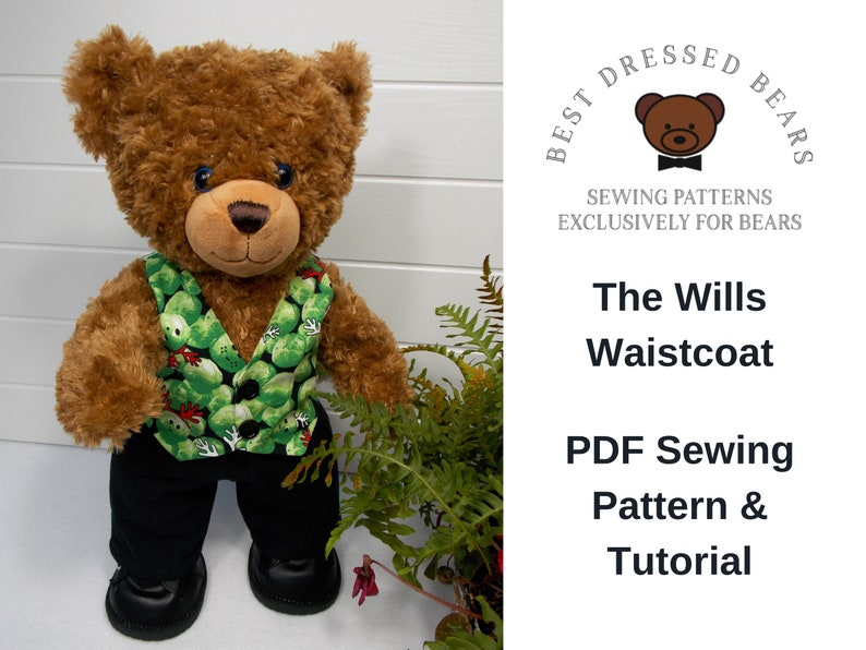 Build a bear teddy bear wearing a green patterned waistcoat, black trousers and black shoes