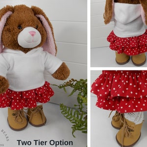 Build a bear teddy bear wearing red polka dot skirt and hoodie made from teddy bear clothes sewing pattern