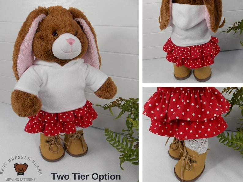 Build a bear teddy bear wearing red polka dot skirt and hoodie made from teddy bear clothes sewing pattern