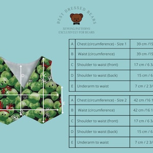 May include: A green and white waistcoat with a button fastening and a pattern of green Brussels sprouts. The waistcoat is labelled with measurements for two sizes: Size 1 and Size 2. The measurements include chest, waist, shoulder to waist (front and back), and underarm to waist. The measurements are in both centimetres and inches.