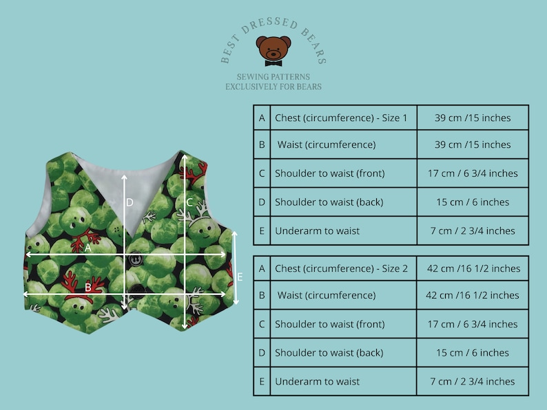 May include: A green and white waistcoat with a button fastening and a pattern of green Brussels sprouts. The waistcoat is labelled with measurements for two sizes: Size 1 and Size 2. The measurements include chest, waist, shoulder to waist (front and back), and underarm to waist. The measurements are in both centimetres and inches.
