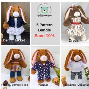 Peut inclure: Cinq patrons de couture pour un ours en peluche lapin, comprenant une veste en jean, une robe, un haut peplum, un pyjama et un legging. Les patrons sont disponibles en lot avec une réduction de 10%.