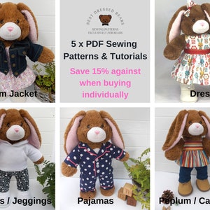 5 x PDF Patterns for Teddy Bear Clothes -SAVE 15% - (Teddy bear clothes patterns + tutorials / Fits 15-18 inch bears such as Build a Bear)