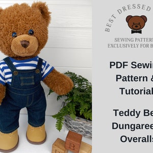 TEDDY BEAR DUNGAREES (Overalls) Pdf Pattern. Fits 15-18 inch teddy bears such as Build a Bear. Teddy bear clothes sewing pattern + tutorial