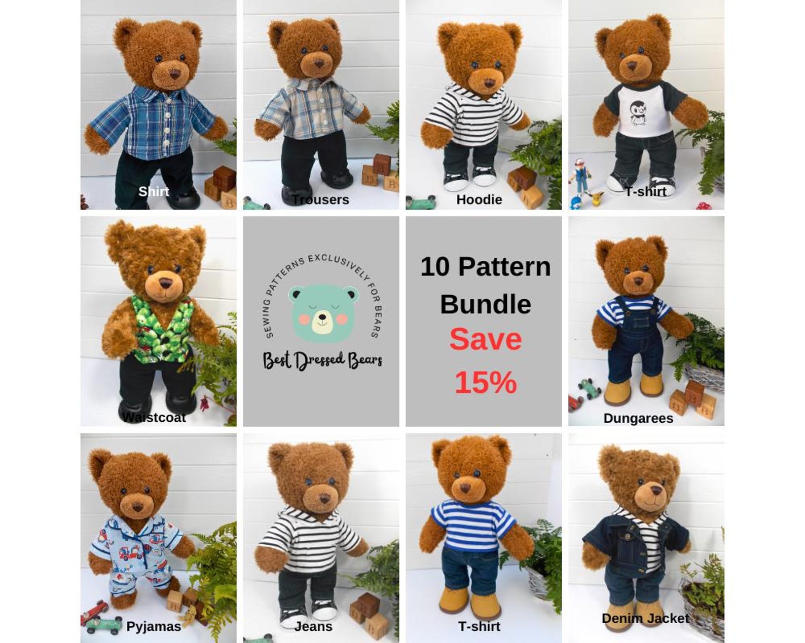 10 X PDF Patterns for Teddy Bear Clothes -SAVE 15% - (teddy Bear ...