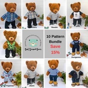 Pode incluir: Dez padrões de costura diferentes para roupas de ursinhos de pelúcia. Os padrões incluem uma camisa, calças, colete, camiseta, moletom com capuz, macacão, pijama, jeans, uma camiseta e uma jaqueta jeans. Os padrões estão disponíveis em pacote e incluem um desconto de 15%. Best Dressed Bears.