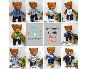10 x pdf-patronen voor teddybeerkleding - BESPAAR 15% - (patronen teddybeerkleding + tutorials / past voor beren van 15-18 inch, zoals Build a Bear)