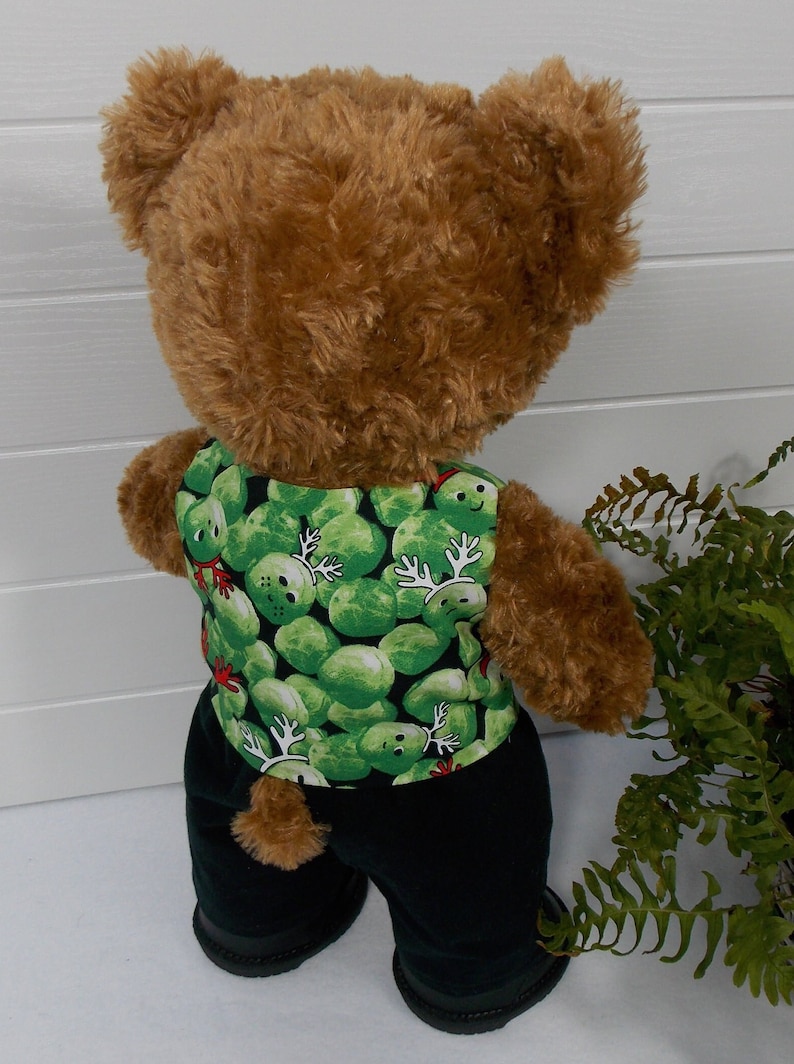 Build a bear teddy bear wearing a green patterned waistcoat, black trousers and black shoes